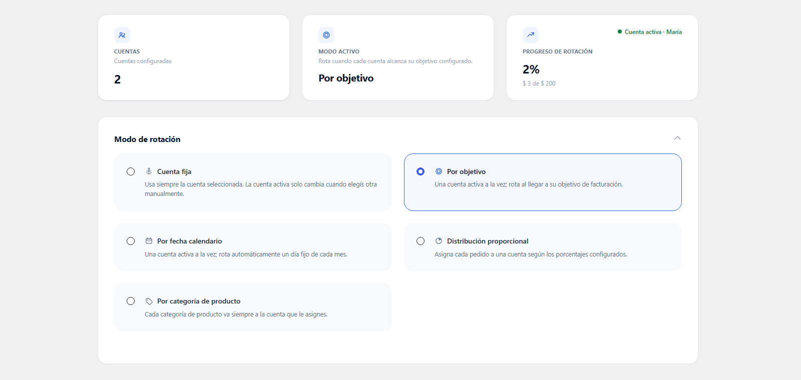 Panel de modo activo y progreso de rotación en Sitio Si MultiCuenta Mercado Pago
