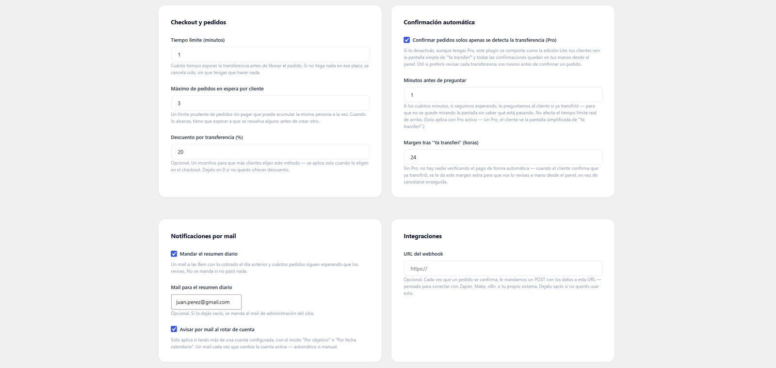 Página de Configuración de Transferencia Verificada: checkout, confirmación automática, notificaciones e integraciones